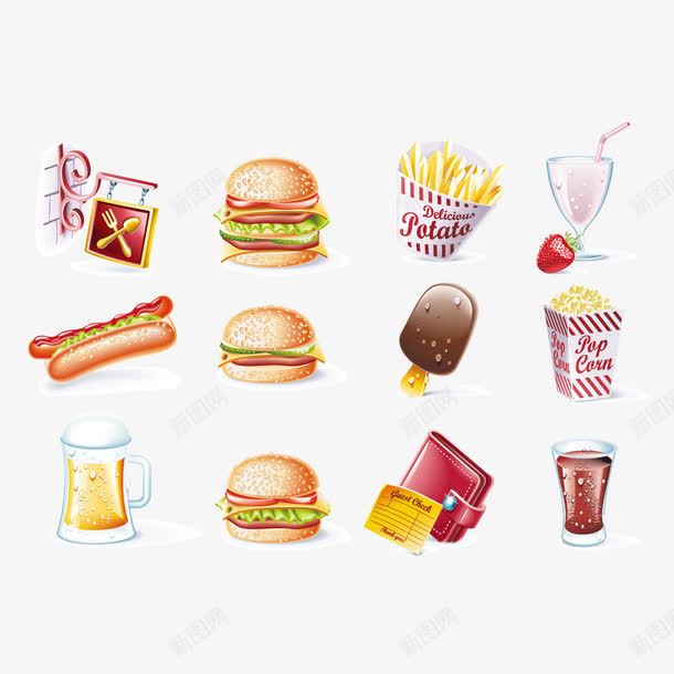 各种油炸食品矢量图ai免抠素材_新图网 https://ixintu.com 冰淇淋 啤酒 夹心面包 奶茶 汉堡包 爆米花 薯条 矢量图