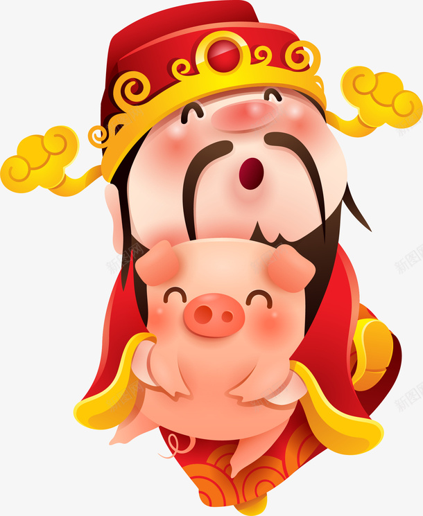 卡通财神爷抱猪装饰图案矢量图ai免抠素材_新图网 https://ixintu.com C4D卡通猪 卡通猪 插画装饰 新年 猪年 财神爷抱猪 矢量图