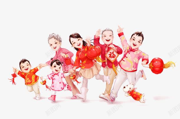 一家团聚过年png免抠素材_新图网 https://ixintu.com 中国年 传统节日 红色 贴门联 过年 阖家团圆