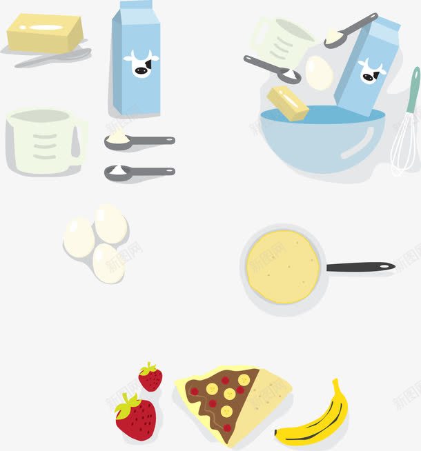 可丽饼制作食谱png免抠素材_新图网 https://ixintu.com 制作 厨房 可丽饼 奶酪 打蛋器 烘焙原料 牛奶 牛奶盒 白糖 盐 盐巴 糖 草莓 锅 食物 食谱 香蕉 鸡蛋 黄油