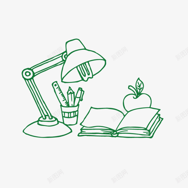 手绘台灯书桌插画png免抠素材_新图网 https://ixintu.com 书本 台灯 灯丝 照明 笔筒 简笔画 绿色 苹果