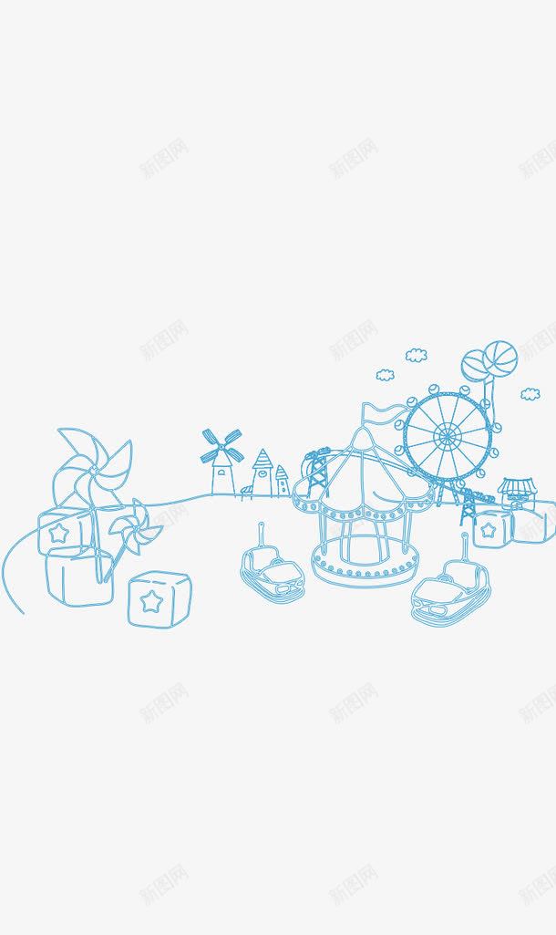 简笔游乐园png免抠素材_新图网 https://ixintu.com 卡通图 大风车 清新蓝 游乐园 游乐园剪影 游乐设施 简笔画