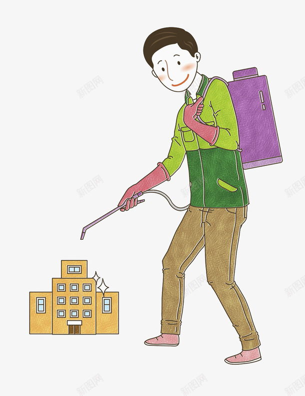 卡通消毒的男人png免抠素材_新图网 https://ixintu.com 保洁员 卡通 喷雾器 工服 房子 打扫卫生 消毒水