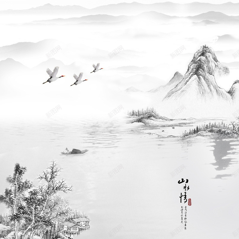 com 中国风 山水画 海报 画册 白色 背景图