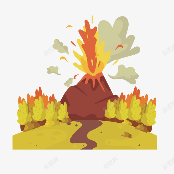 火山喷发矢量图ai免抠素材_新图网 https://ixintu.com PNG免抠图下载 地质灾害 山峰 山峰矢量 树木 活火山 火山手绘 矢量图 装饰