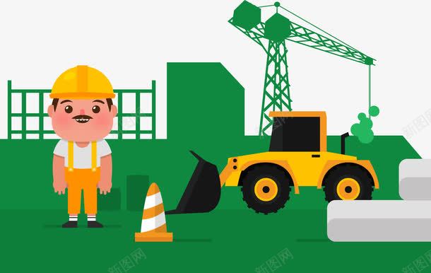 工程建筑施工场地png免抠素材_新图网 https://ixintu.com 围栏 场地 安全帽 小树 工程施工 挖土机