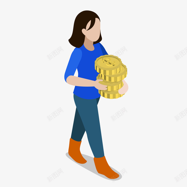 女士手拿金币向前走png免抠素材_新图网 https://ixintu.com 人物 光泽 卡通 女士 手绘 投影 行走 装饰 质感 金币 阴影