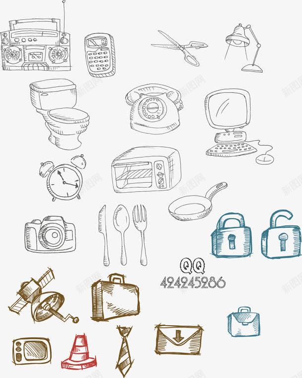 日常生活用品图案png免抠素材_新图网 https://ixintu.com 手绘插图 收音机 电脑 电话 餐具