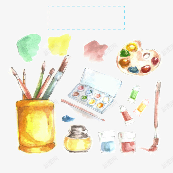 水彩绘美术工作室png免抠素材_新图网 https://ixintu.com 水彩画 绘画工具 绘画笔 背景装饰 颜料 颜料盘