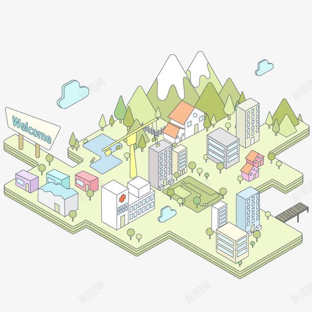 城市缩影png免抠素材_新图网 https://ixintu.com 公园 基础设施 大山 房子