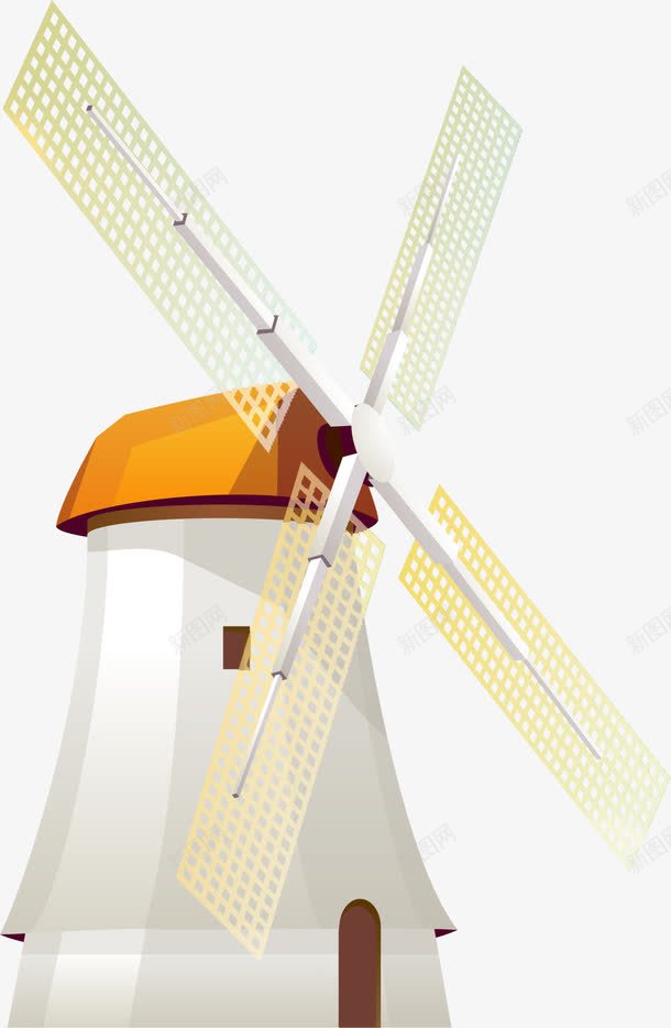 卡通白色大风车png免抠素材_新图网 https://ixintu.com 卡通大风车 白色大风车 白色房屋 童趣 阴影 黄色屋檐
