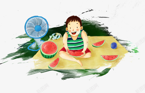 处暑吃西瓜乘凉主题插画psd免抠素材_新图网 https://ixintu.com 乘凉 二十四节气 卡通 处暑 夏天 文艺 西瓜