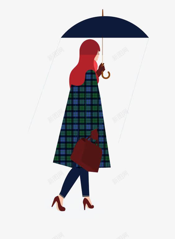 卡通打雨伞的女孩png免抠素材_新图网 https://ixintu.com 卡通人物 手提包 手绘女孩 打伞 打伞的人物 打伞的人物免抠 打伞的女孩 格子大衣 雨伞 黑色雨伞