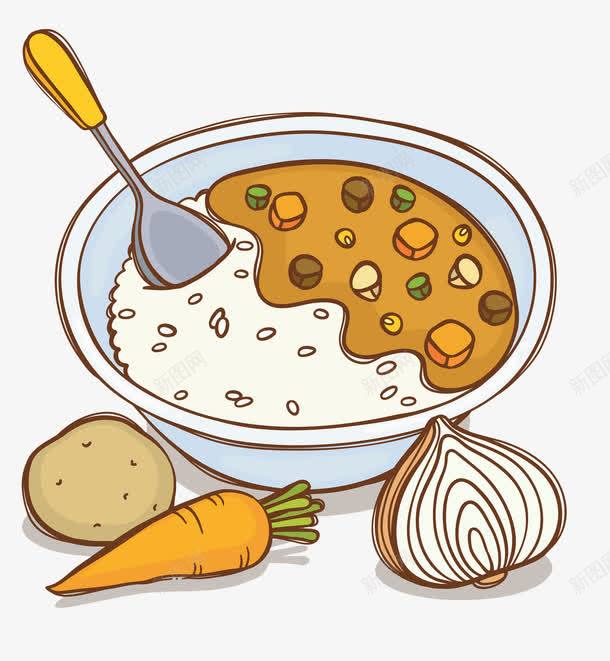 手绘咖喱拌饭png免抠素材_新图网 https://ixintu.com 主食 勺子 土豆 洋葱 米粒 胡萝卜 食物 饭粒