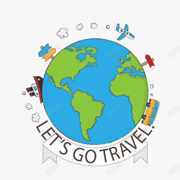彩绘旅行地球矢量图ai免抠素材_新图网 https://ixintu.com 交通工具 卡通 地球 旅行 环游世界 船 飞机 矢量图