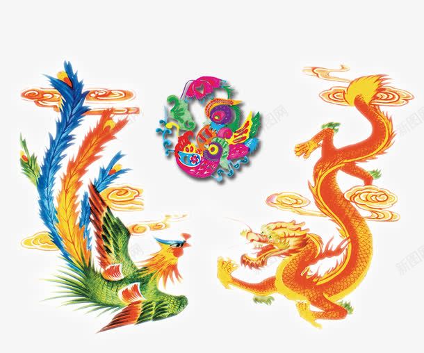 左凤凰右黄龙抢彩球png免抠素材_新图网 https://ixintu.com 中国风 卡通凤凰 婚庆元素 装饰图案 金黄色飞龙