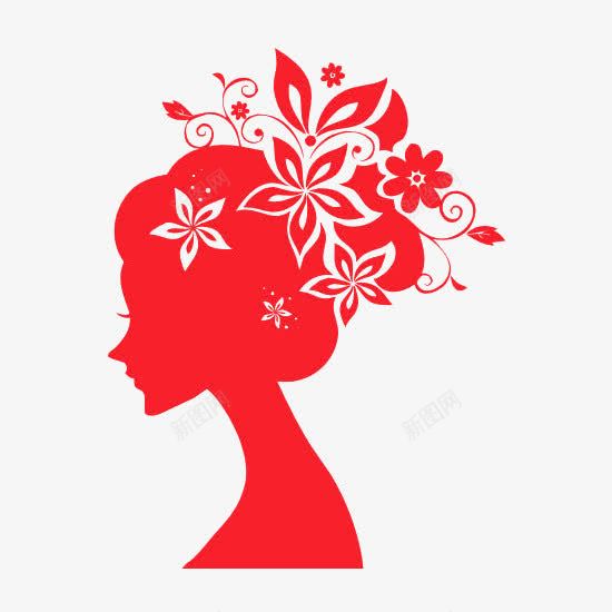 美人如花剪影png免抠素材_新图网 https://ixintu.com 五瓣花 侧面人物剪影 剪纸 叶子 红色 花叶剪影背景图