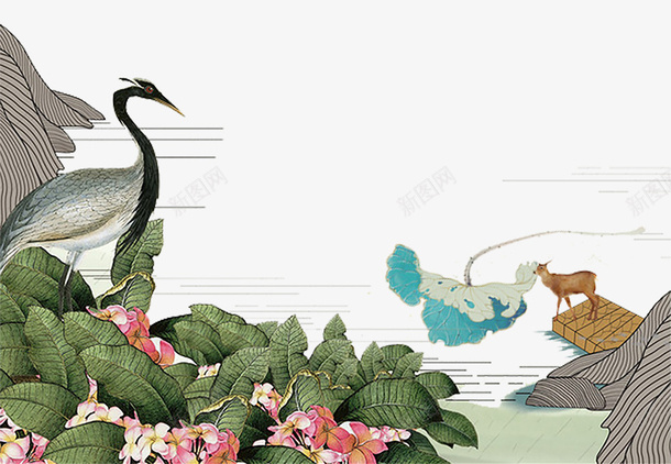 卡通手绘中国风水墨画png免抠素材_新图网 https://ixintu.com 中国风 仙鹤 卡通 山峰 手绘 水墨画 石头 花丛