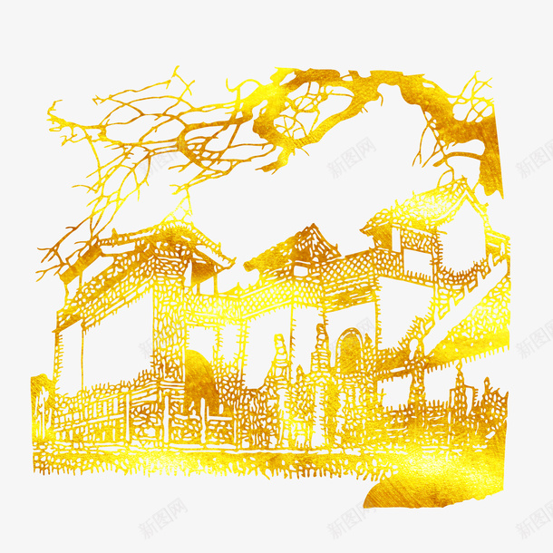 美丽乡村风景烫金图png免抠素材_新图网 https://ixintu.com 中国风 乡村 免抠图 剪影 剪纸 房子 景区 景点 树 烫金 美丽 美丽乡村风景 金色 风景