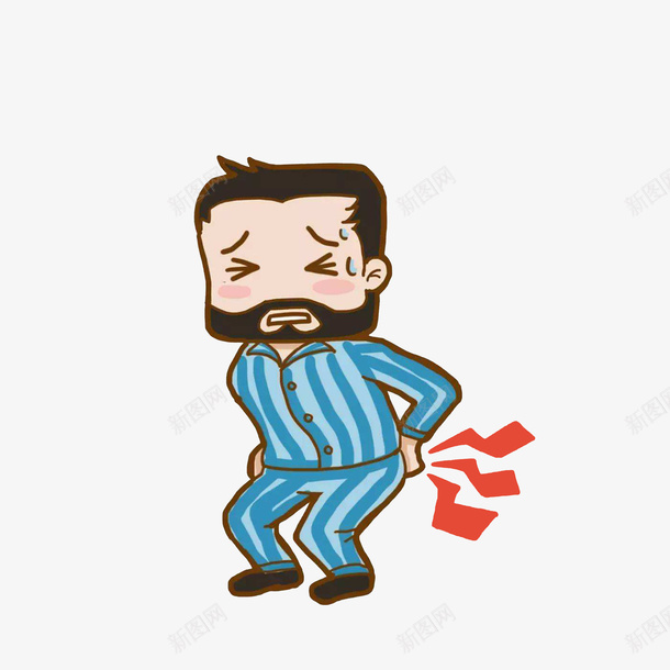 卡通腰痛穿着病号服的男子