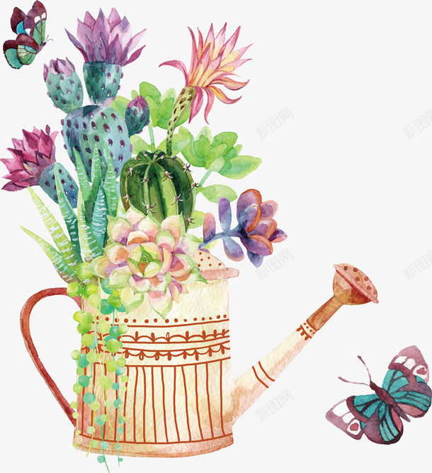 蝴蝶花卉水壶矢量图ai免抠素材_新图网 https://ixintu.com 仙人掌 卡通水壶 清新 温馨装饰 矢量装饰 蝴蝶 蝴蝶花藤 矢量图