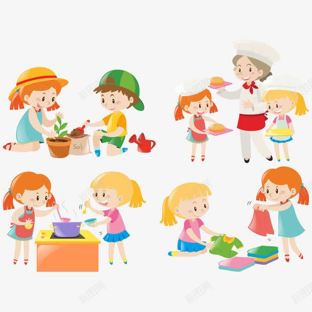 做家务的孩子矢量图eps免抠素材_新图网 https://ixintu.com 卡通人物 孩子 家务 开心 开心的人 洗衣 煮饭 除草 矢量图