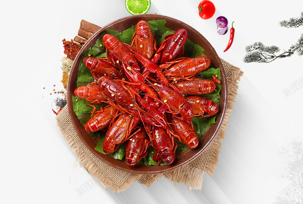 盘子里的红色麻辣小龙虾食物psd免抠素材_新图网 https://ixintu.com 小龙虾食物 的红色 盘子里 辣椒装饰 餐布装饰 麻辣