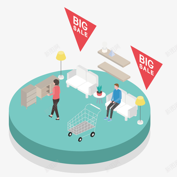 商品家具插图矢量图ai免抠素材_新图网 https://ixintu.com 25D 三角形 促销 创意时尚 台灯 商店 家具 手推车 等距视角 矢量图