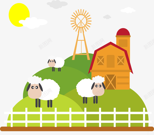 卡通农场矢量图ai免抠素材_新图网 https://ixintu.com 卡通有趣 可爱小羊 太阳 开心农场 扁平化 矢量图 矢量图案 风车