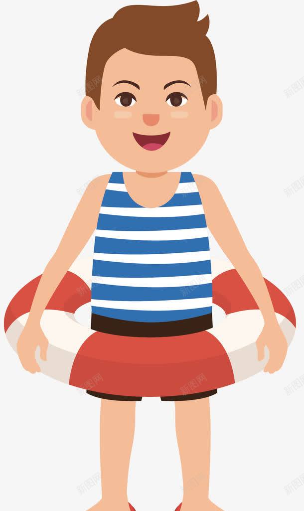 蓝色条纹背心的男孩png免抠素材_新图网 https://ixintu.com 准备游泳 国际儿童节 夏日海岛游 海岛小船 红色游泳圈
