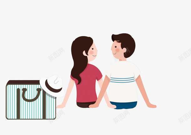卡通坐着的情侣图png免抠素材_新图网 https://ixintu.com 卡通 帽子 恋人 恩爱的 情侣 背影 行李箱 高兴地