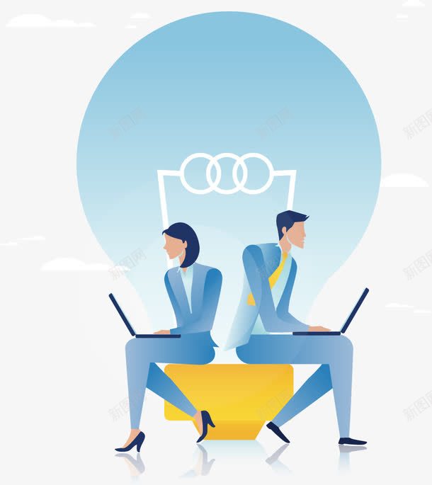 卡通背靠背上班的人png免抠素材_新图网 https://ixintu.com 上班 办公 卡通 商务人士 工作狂 思索 思考 灯泡 背靠背