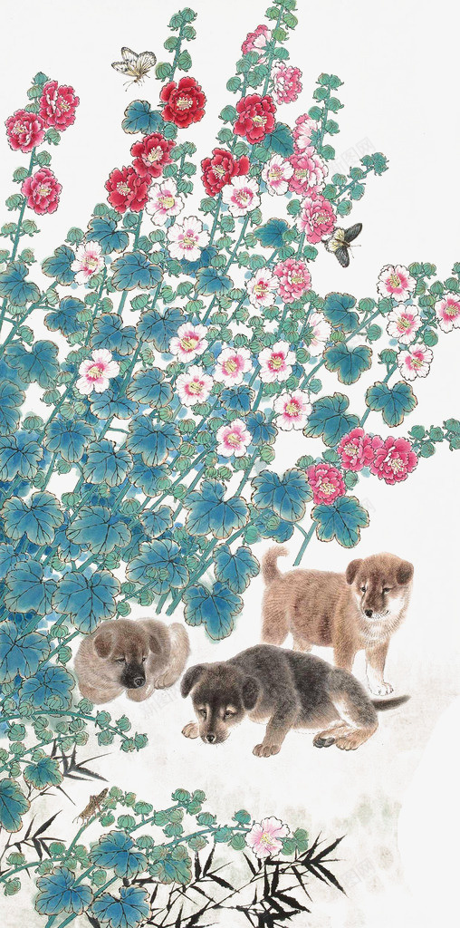花丛休憩png免抠素材_新图网 https://ixintu.com 中国画 写意 可爱 国画 小狗 方楚雄 水墨狗 水墨画 紫荆花
