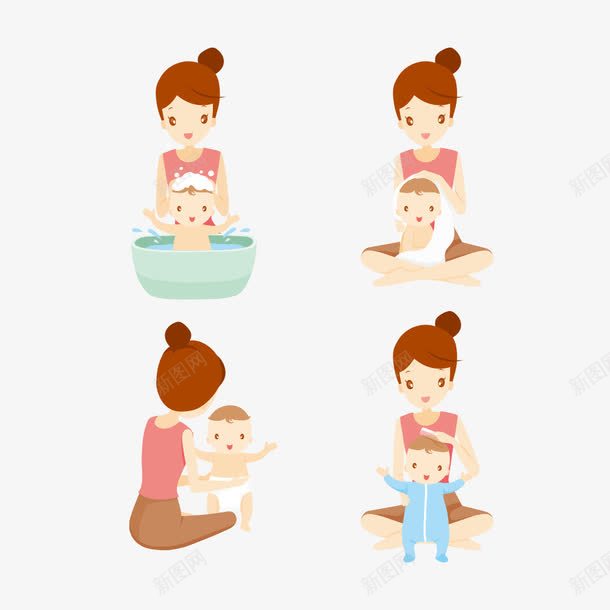 给宝宝洗澡png免抠素材_新图网 https://ixintu.com 卡通 妈妈 宝宝 母子 沐浴 洗澡