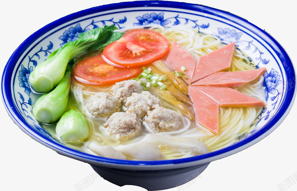 一碗美味的米线食物png免抠素材_新图网 https://ixintu.com 丸子 油菜 火腿肠 碗 米线 美食 西红柿 食物
