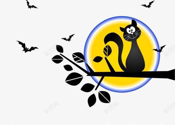 夜晚的树枝与小猫png免抠素材_新图网 https://ixintu.com 万圣节 卡通 夜晚 小猫 树叶枝 树枝 蝙蝠 装饰插图