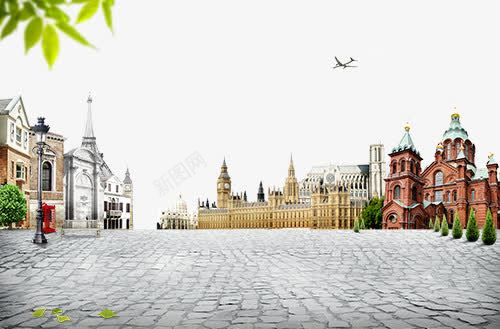 欧洲旅游城市风景元素psd免抠素材_新图网 https://ixintu.com 天上的飞机 房子 欧洲旅游城市风景元素 马路 魅力城市