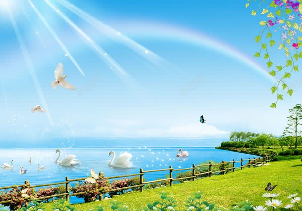 天鹅草地背景png免抠素材_新图网 https://ixintu.com 图片素材 天空 天鹅 天鹅草地背景图片 天鹅草地背景图片素材下载 底纹 底纹背景 彩虹 手绘 插画 湖泊 漫画天空 背景 背景墙 背景花边 草地 鲜花