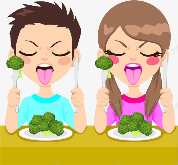挑食小孩png免抠素材_新图网 https://ixintu.com 卡通手绘 卡通脸红 吐舌 挑食 教育 装饰 西兰花