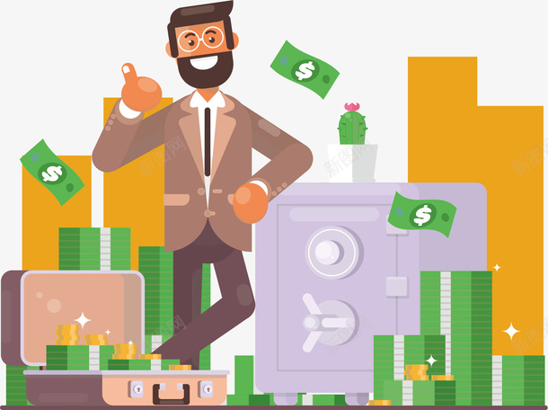 商务男士和金币矢量图ai免抠素材_新图网 https://ixintu.com 创意 商务 商务人员 成功人士 男士 绿色 金币 金融 金钱 矢量图