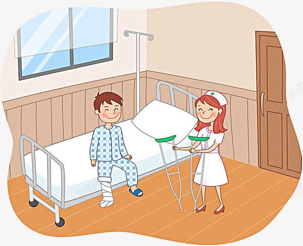 腿部受伤的男孩png免抠素材_新图网 https://ixintu.com 卡通手绘 护士 拐杖 教育 病号服 病床 积极向上 装饰
