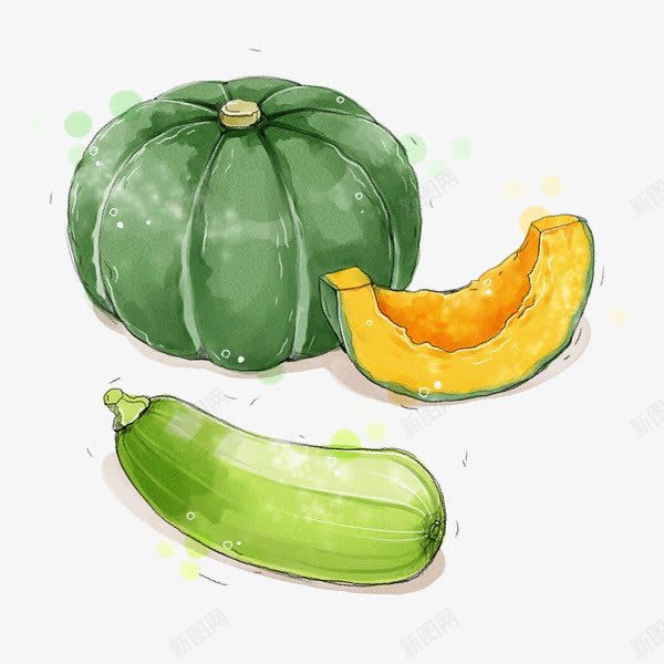 手绘绿色瓜果png免抠素材_新图网 https://ixintu.com 丝瓜 切开的南瓜 南瓜 手绘 绿色 食材