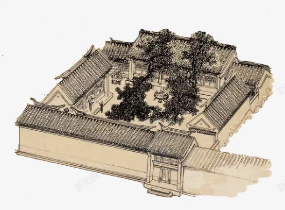 葡萄藤四合院png免抠素材_新图网 https://ixintu.com 北京四合院 四合院 手绘 桌子 水墨北京