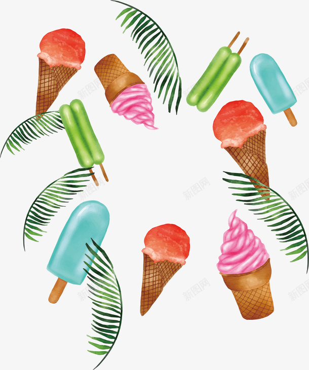 水彩夏日植物冰激凌冷饮矢量图ai免抠素材_新图网 https://ixintu.com 冰激凌 冷饮 叶子 夏日 大叶子 挂画 树叶子 油画 海报 热带叶子 热带雨林 芭蕉 花草 西瓜 设计 矢量图