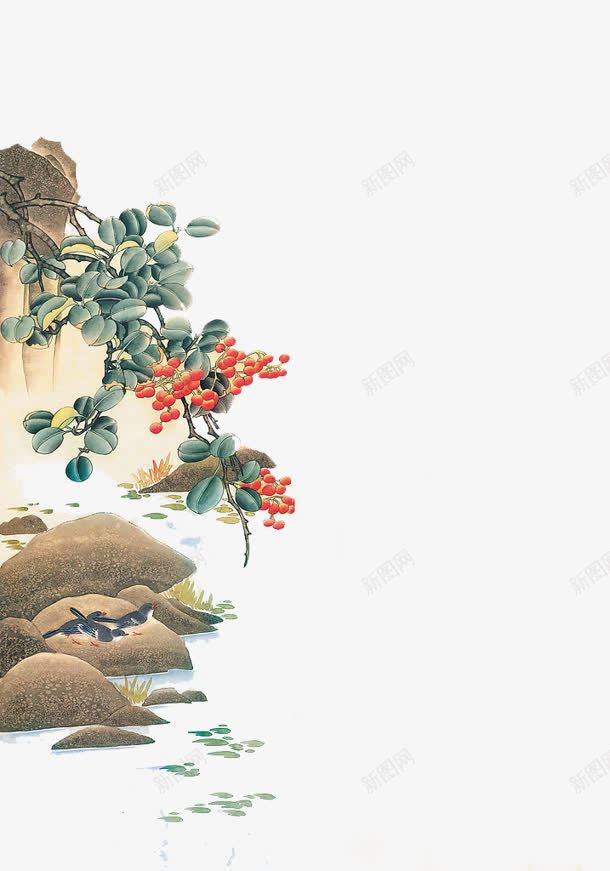 手绘红果山石河水png免抠素材_新图网 https://ixintu.com 山石 手绘红果 河水