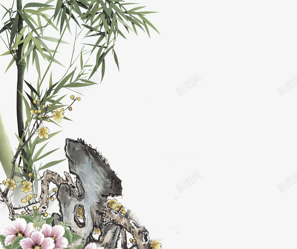 石头竹子桃花古代psd免抠素材_新图网 https://ixintu.com 古代 桃花 石头 竹子