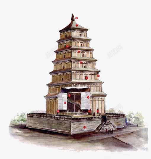 水彩高塔png免抠素材_新图网 https://ixintu.com 中国风 古代建筑 古建 木质高塔 水墨画