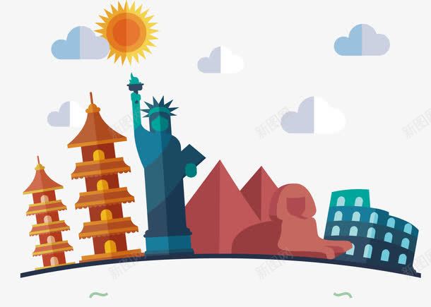 扁平化世界旅游景点png免抠素材_新图网 https://ixintu.com 世界 宝塔 扁平化 斗兽场 旅游 景点 狮身人面像 自由女神像 金字塔