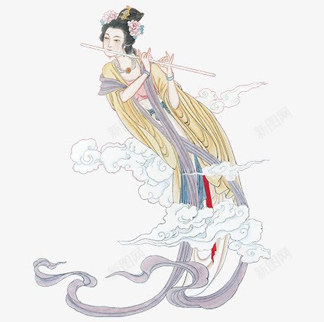 手绘中国风中国风仙女png免抠素材_新图网 https://ixintu.com 中国风 中国风剪影 中国风卡通 中国风图片 仙女 卡通古典图片 古典卡通 吹笛子 腾云驾雾