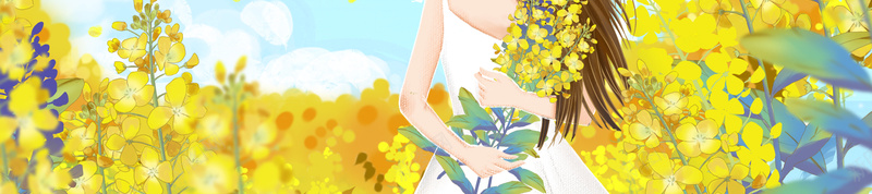 春游赏油菜花背景图psd设计背景_新图网 https://ixintu.com 云朵 人物 手绘 捧花 晴天 油菜花 花朵